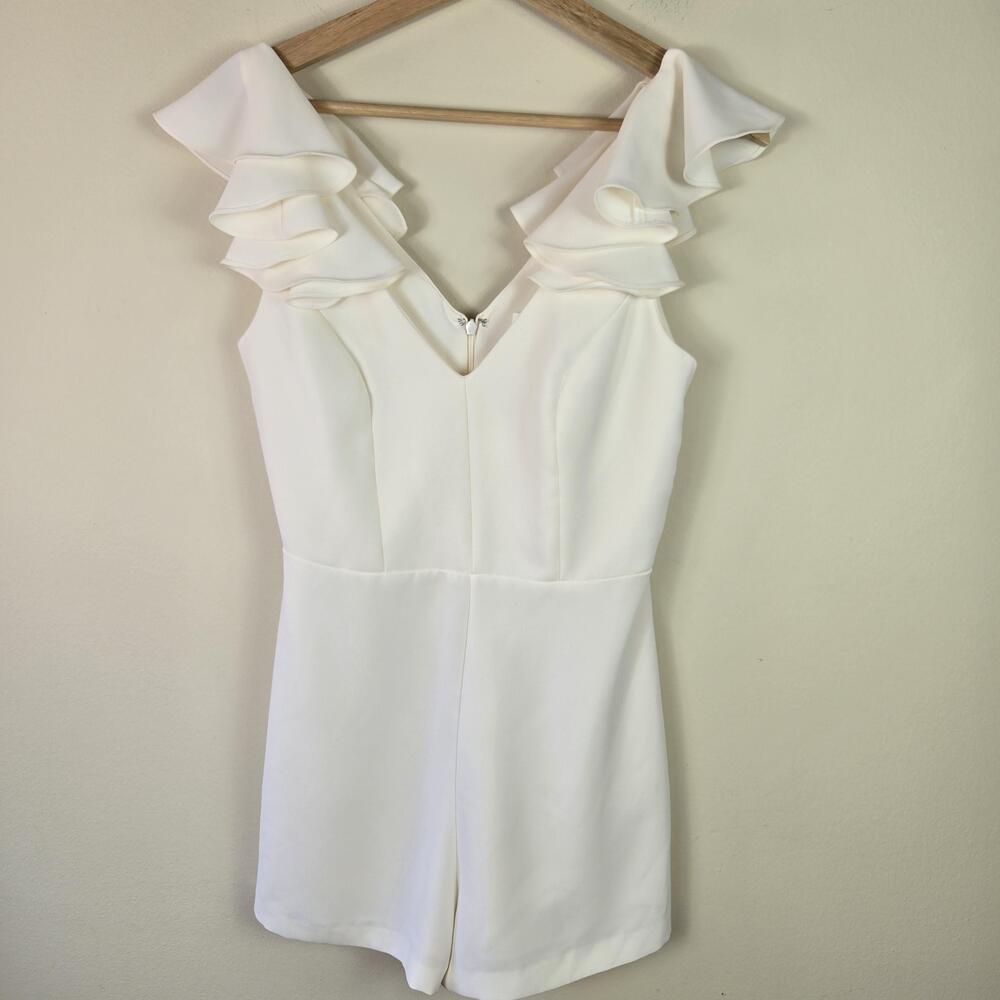 Amanda Uprichard Romper Womens Small White Ruffle Sleeve V Neck Lined Wedding